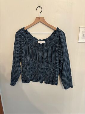LOFT Gingham Smocked Ruffle V-Neck Blouse Size L Dove Blue Black Seersucker